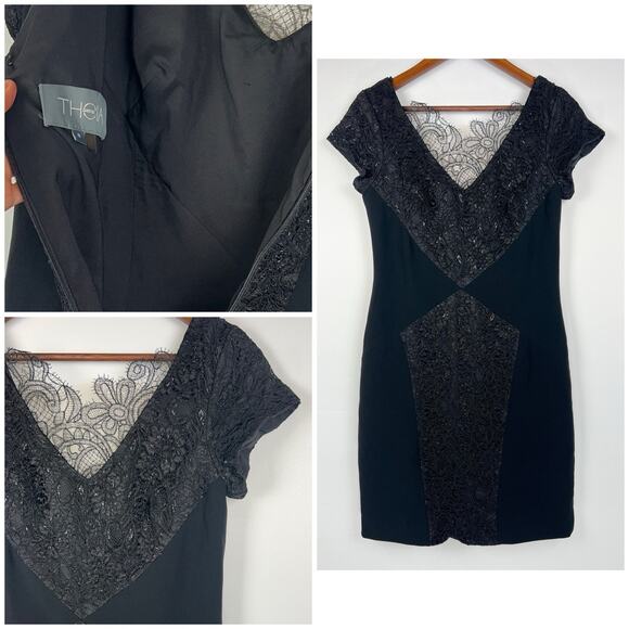 Theia Black Lace Sequin 8 V-Neck Cap Sleeve Cocktail Sheath Dress - Picture 5 of 9